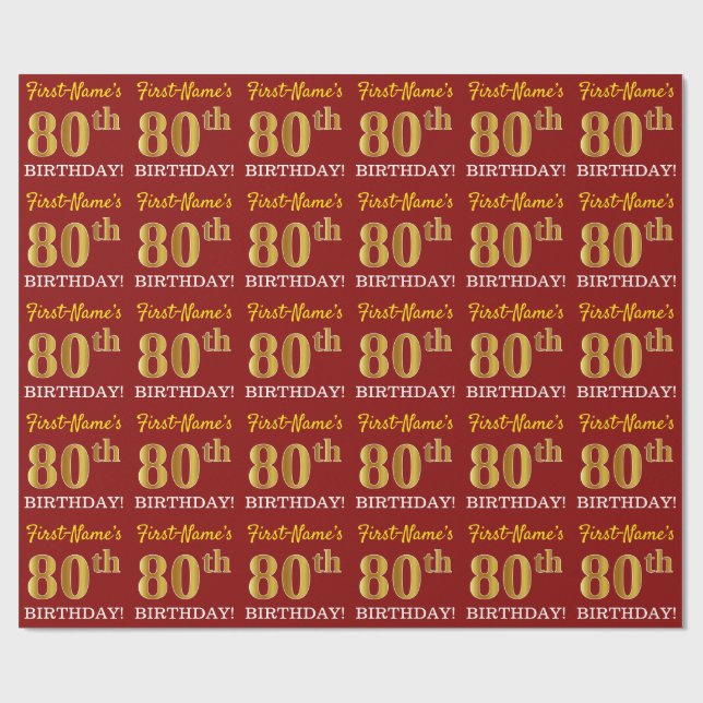 Red, Imitation Gold Look "80th BIRTHDAY" Wrapping Paper (Flat)