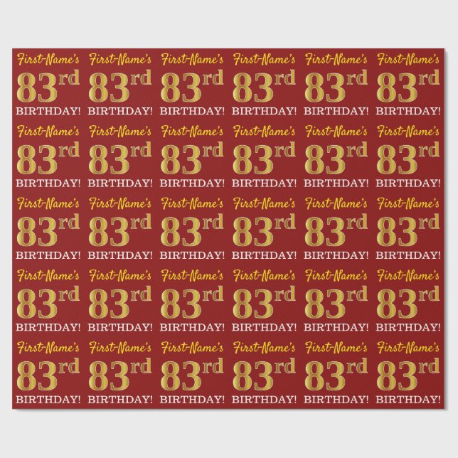 Red, Imitation Gold Look "83rd BIRTHDAY" Wrapping Paper (Flat)