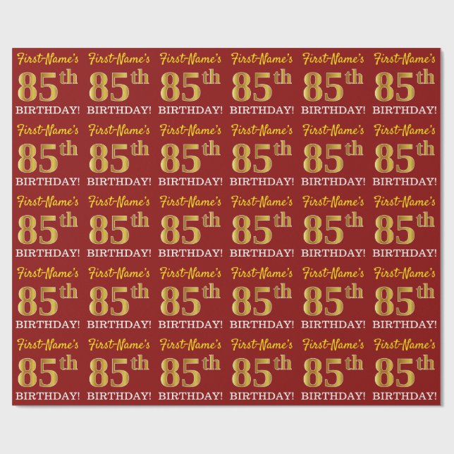 Red, Imitation Gold Look "85th BIRTHDAY" Wrapping Paper (Flat)