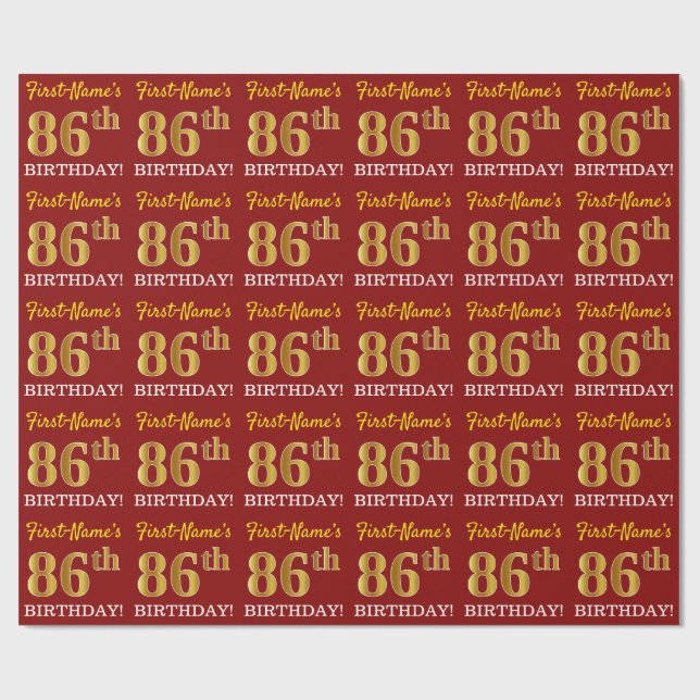 Red, Imitation Gold Look "86th BIRTHDAY" Wrapping Paper (Flat)