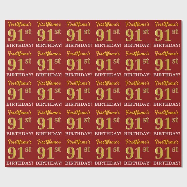 Red, Imitation Gold Look "91st BIRTHDAY" Wrapping Paper (Flat)