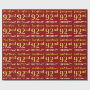 Red, Imitation Gold Look "92nd BIRTHDAY" Wrapping Paper
