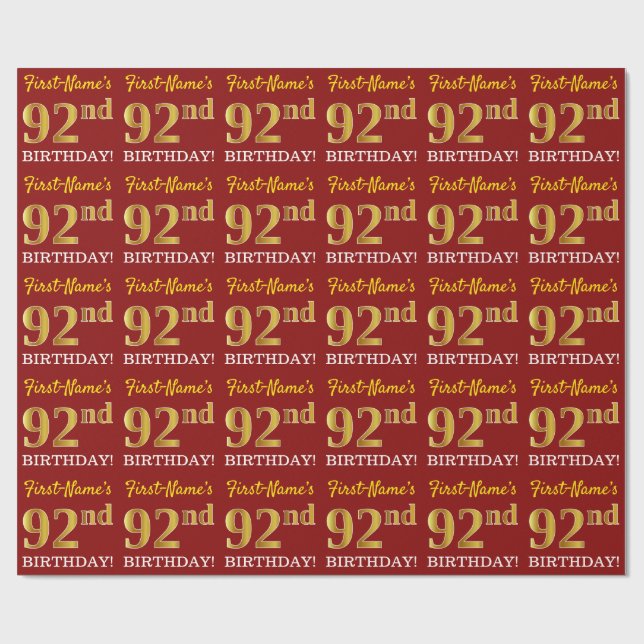 Red, Imitation Gold Look "92nd BIRTHDAY" Wrapping Paper (Flat)