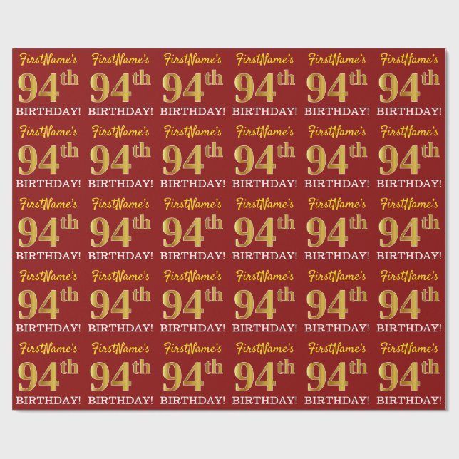 Red, Imitation Gold Look "94th BIRTHDAY" Wrapping Paper (Flat)