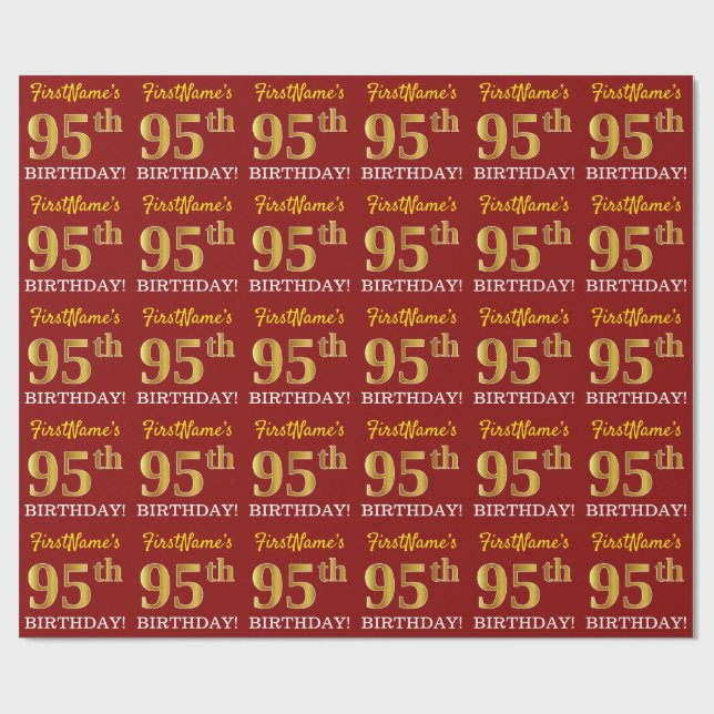 Red, Imitation Gold Look "95th BIRTHDAY" Wrapping Paper (Flat)
