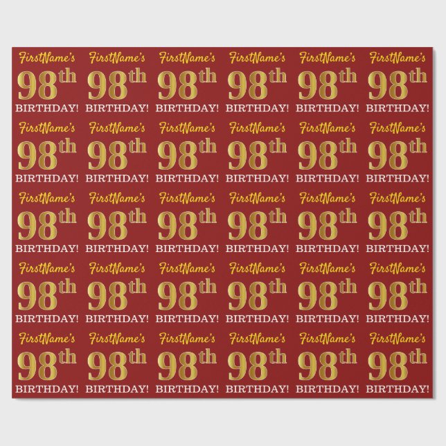 Red, Imitation Gold Look "98th BIRTHDAY" Wrapping Paper (Flat)