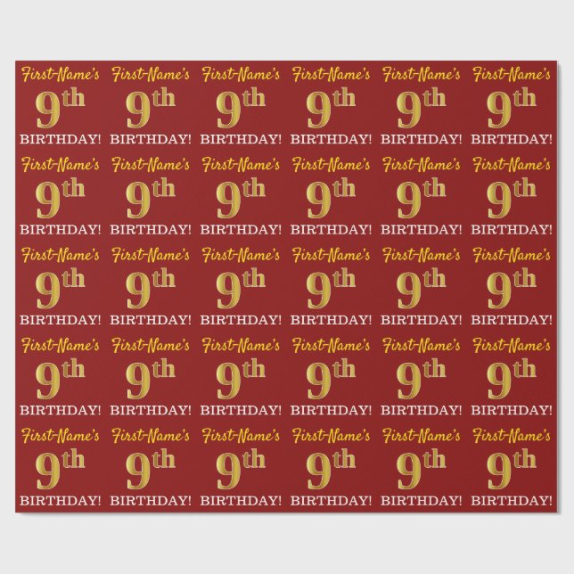 Red, Imitation Gold Look "9th BIRTHDAY" Wrapping Paper (Flat)