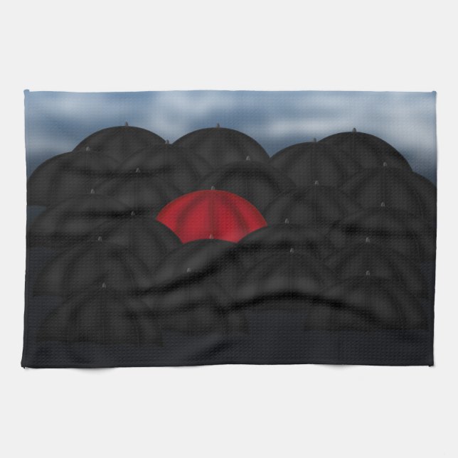 Red in a Black Sea of Umbrellas Tea Towel (Horizontal)