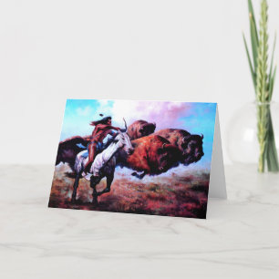 RED INDIAN HUNTING BUFFALO HOLIDAY CARD