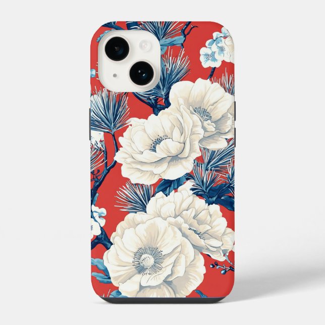 Red Indigo Peony Plum Blossom Pattern iPhone Case (Back)