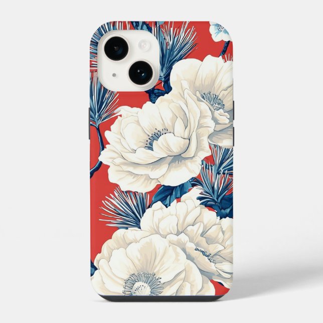 Red Indigo Peony Plum Blossom Pattern iPhone Case (Back)