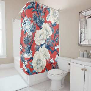 Red Indigo Peony Plum Blossom Pattern Shower Curtain