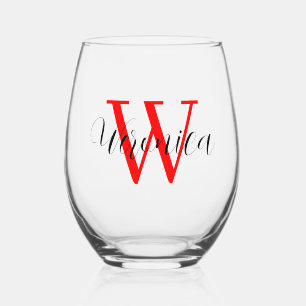 Red Initial and Black Name Elegant Stemless Wine Glass