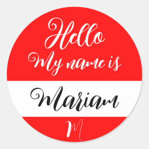 Red (Initial Letter & Name) Hello My Name is Classic Round Sticker