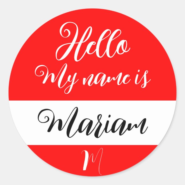 Red (Initial Letter & Name) Hello My Name is Classic Round Sticker (Front)