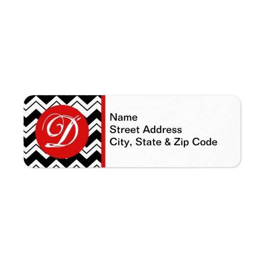 Red Initial Monogram Black & White Zizzag Chevron Return Address Label