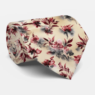 Red Ink Wash Floral Pattern Tie