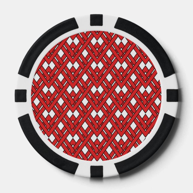 Red Interlocking Rhombuses Geometric Zig Zag Lines Poker Chips (Front)