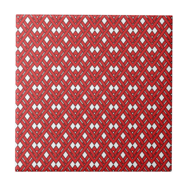 Red Interlocking Rhombuses Geometric Zig Zag Lines Tile (Front)