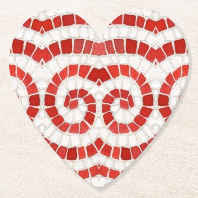 RED IONIC MOSAIC Heart Paper Coasters (Front)