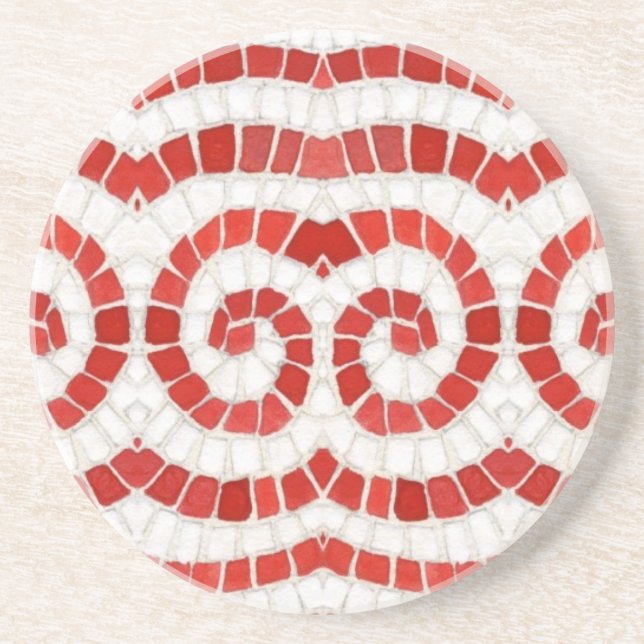 RED IONIC MOSAIC Round Sandstone Coaster (Front)