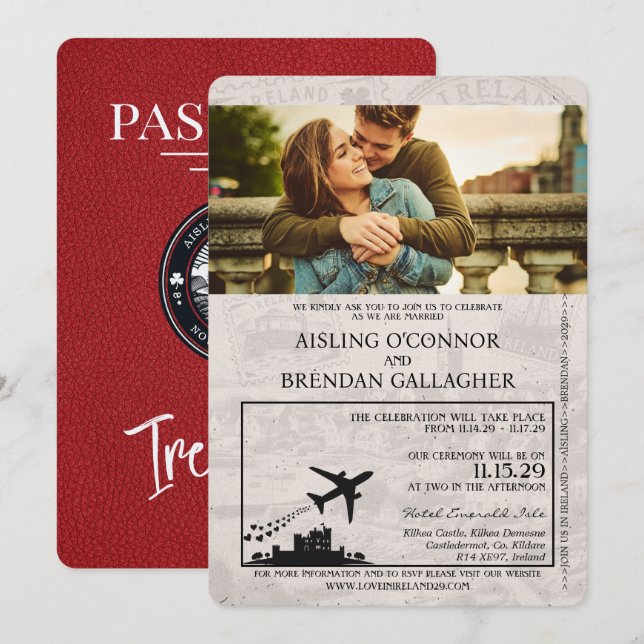 Red Ireland Passport Wedding Invitation (Front/Back)