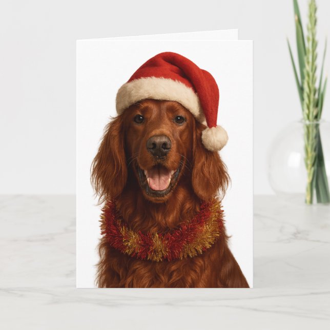Red / Irish Setter in a Santa hat Christmas card (Front)
