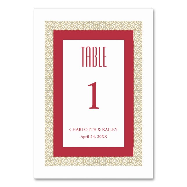 Red Islamic Geometric Border Wedding Table Number (Front)