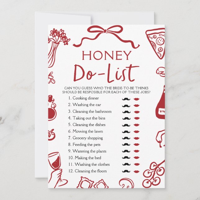 Red Italian Amore Honey Do List Bridal Shower Game Invitation (Front)