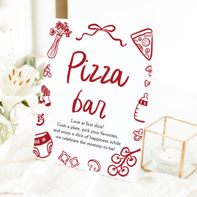 Red Italian Hand Drawn Baby Shower Pizza Bar Pedestal Sign (Red Italian Hand Drawn Baby Shower Pizza Bar Sign)