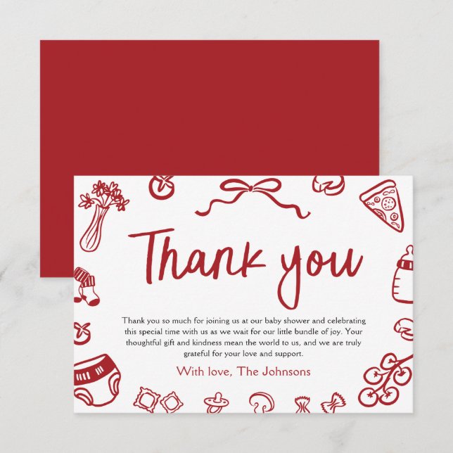 Red Italian Hand Drawn Baby Shower Thank you Card (Front/Back)