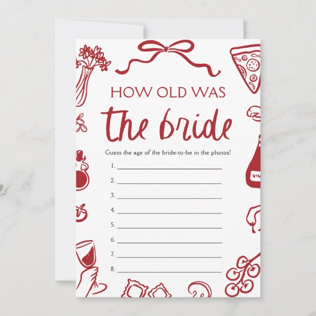 Red Italian Hand Drawn How Old Was The Bride Game  Invitation (Front)