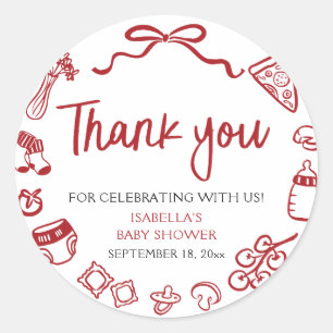 Red Italian Hand Drawn Pizza Baby Shower Thank you Classic Round Sticker