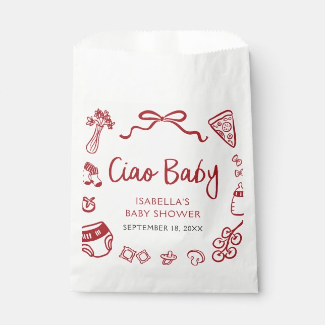 Red Italian Hand Drawn Pizza Ciao Baby Baby Shower Favour Bags (Front)