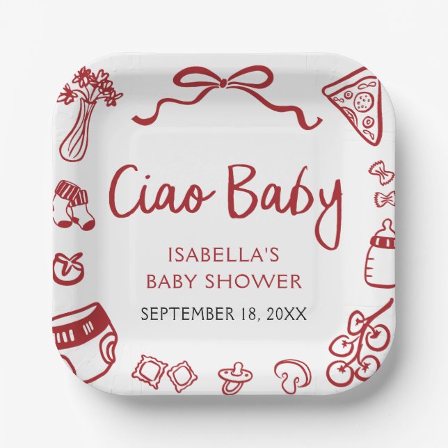 Red Italian Hand Drawn Pizza Ciao Baby Baby Shower Paper Plate (Front)