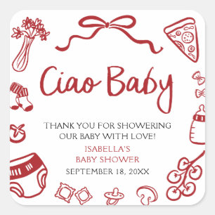 Red Italian Hand Drawn Pizza Ciao Baby Baby Shower Square Sticker