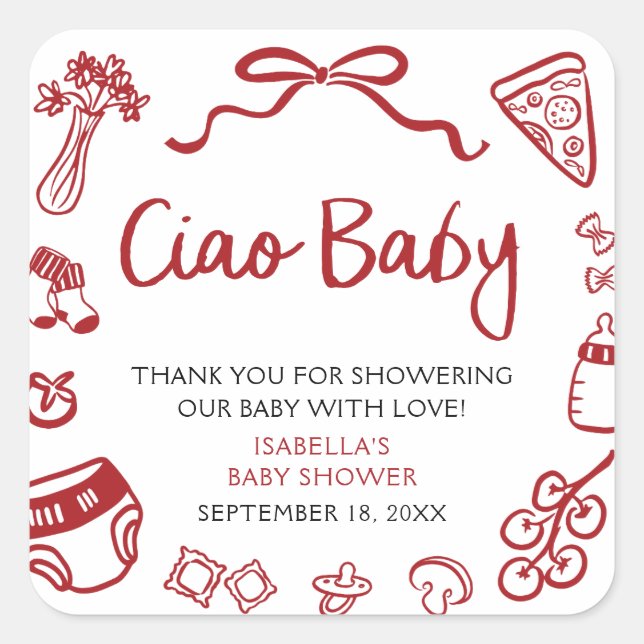 Red Italian Hand Drawn Pizza Ciao Baby Baby Shower Square Sticker (Front)