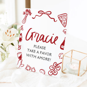 Red Italian Hand Drawn Pizza Pasta Favours Sign
