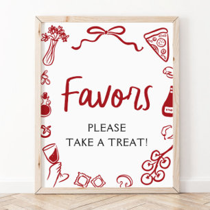 Red Italian Hand Drawn Pizza Pasta Favours Sign