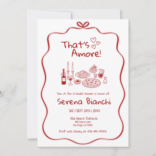 Red Italian Pasta and Pizza Doodles Bridal Invitation (Front)