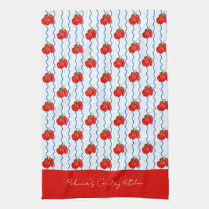 Red Italian Plum Tomatoes with Blue Wavy stripes Tea Towel