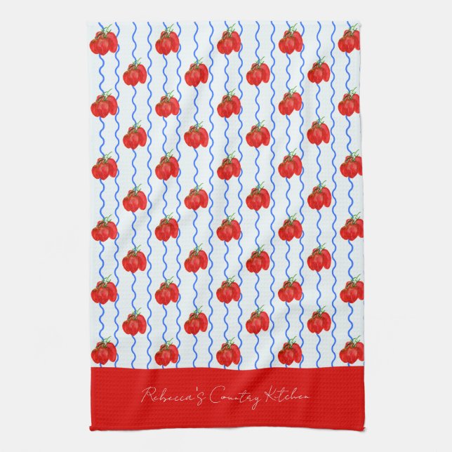  Red Italian Plum Tomatoes with Blue Wavy stripes Tea Towel (Vertical)