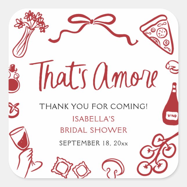 Red Italian That's Amore Pizza Pasta Bridal Shower Square Sticker (Front)