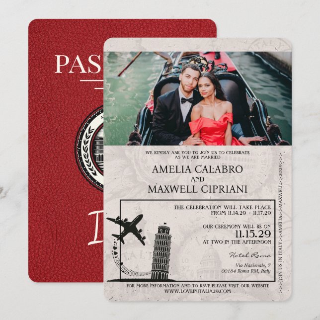 Red Italy Passport Wedding Invitation (Front/Back)
