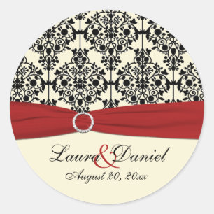 Red, Ivory, and Black Damask 1.5" Round Sticker