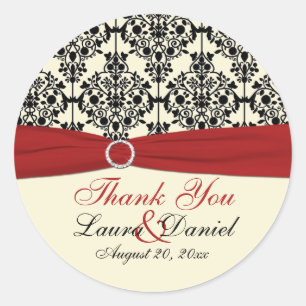 Red, Ivory, and Black Damask 3" Thank You Sticker