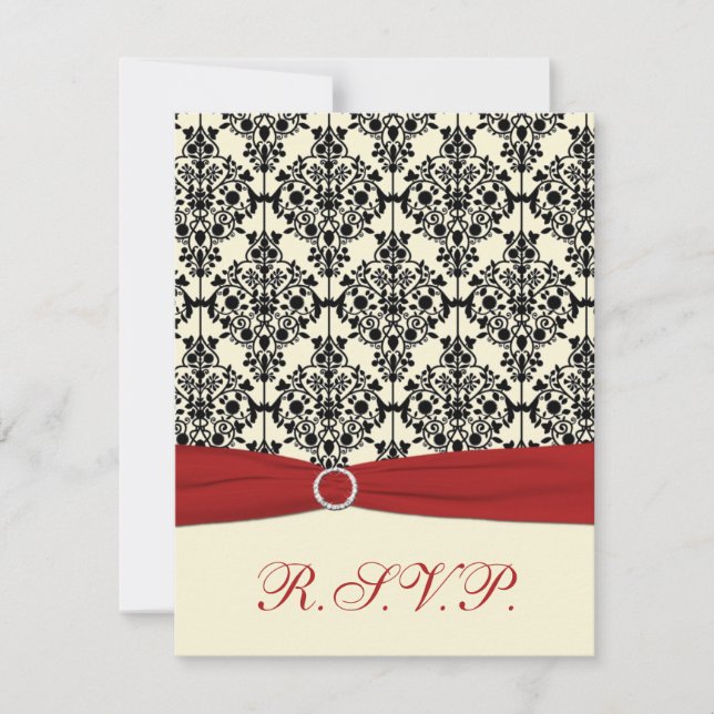 Red, Ivory and Black Damask RSVP Card (Front)