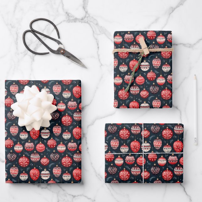 Red & Ivory Christmas Ornaments on Dark Background Wrapping Paper Sheet (Front)