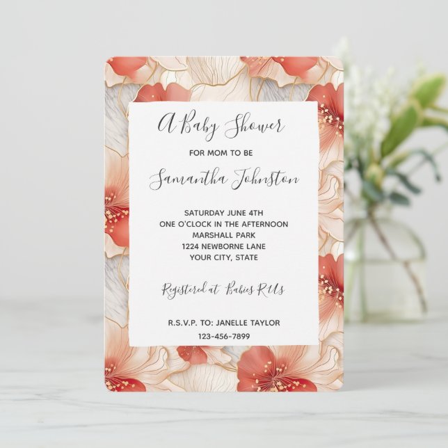 Red Ivory Coral Floral baby shower Invitation (Standing Front)