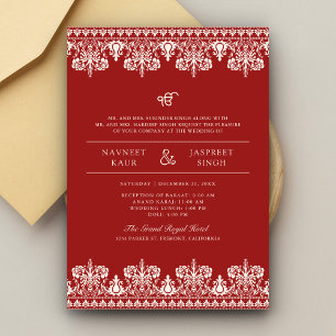 Red Ivory Damask Border Anand Karaj Sikh Wedding Invitation